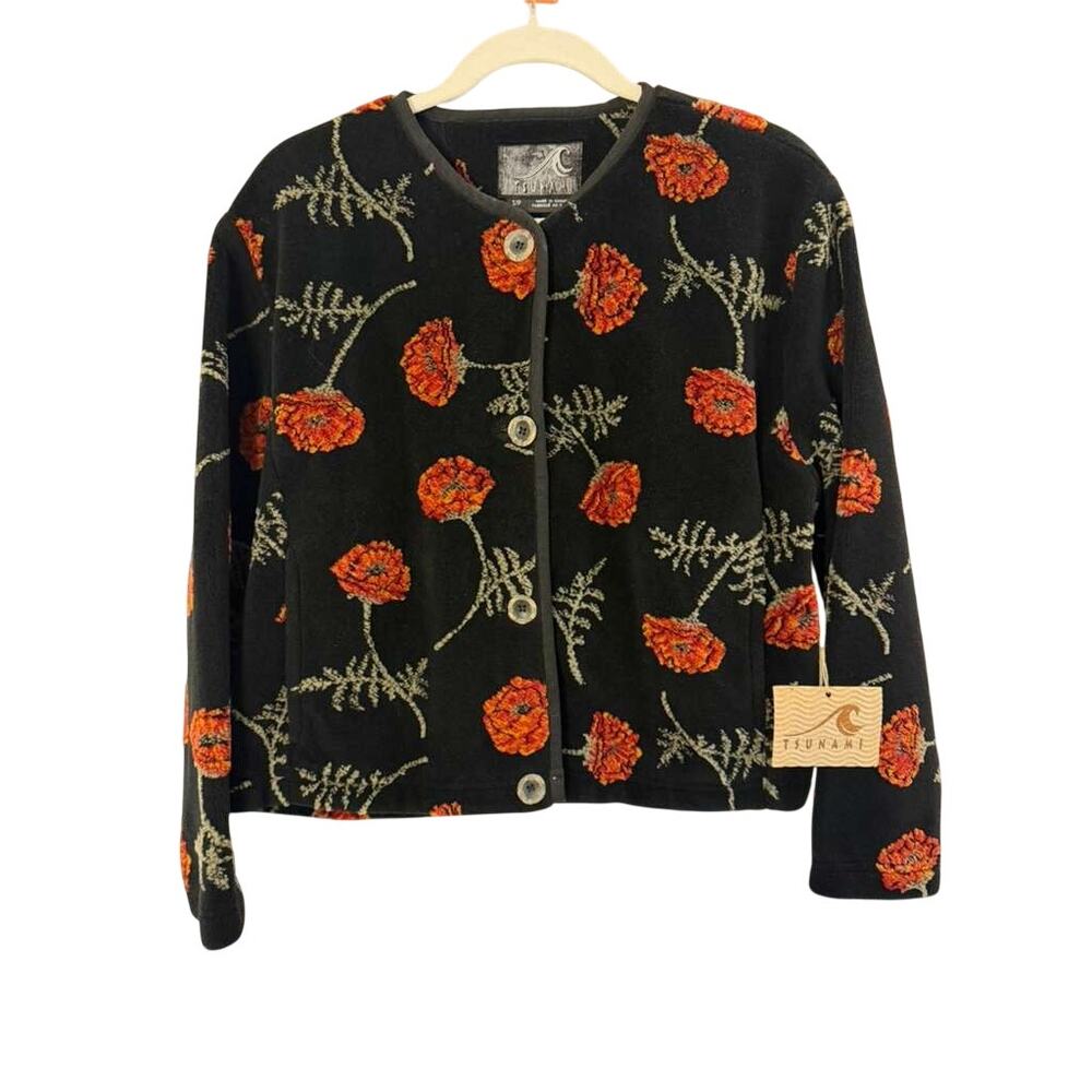NWT Vintage Tsunami Floral Fleece Jacket Black with Orange Flowers sz. S
